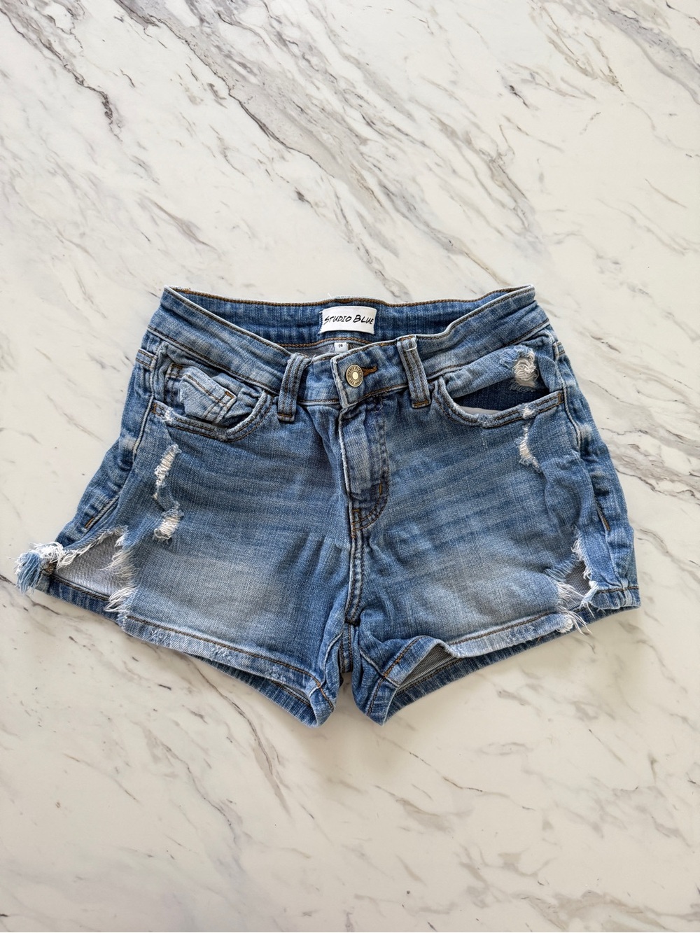 2000s Vintage Y2K Studio Blue Size 26 Distressed Denim Shorts Low Rise